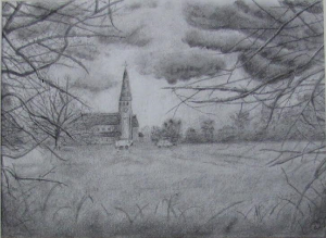 A3 drawing done in charcoal of a church in Woodford Green, Essex